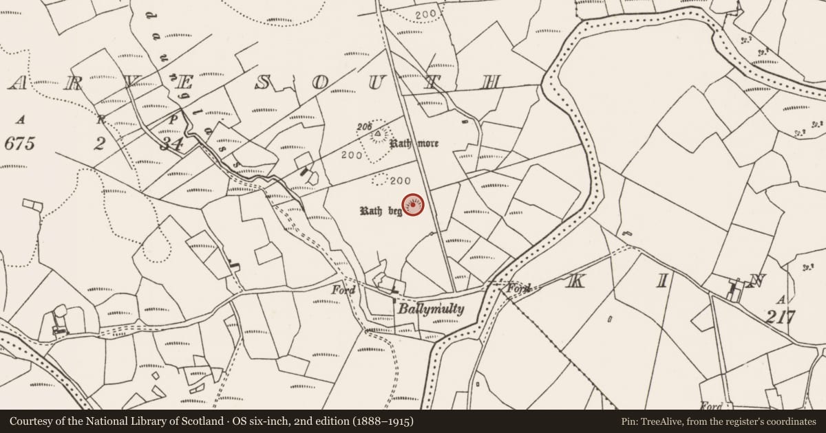 Ordnance Survey six-inch map, 2nd edition (1888–1915) covering the location of Ringfort - rath, Carrowgarve South, County Mayo, with a pin at the register's coordinates