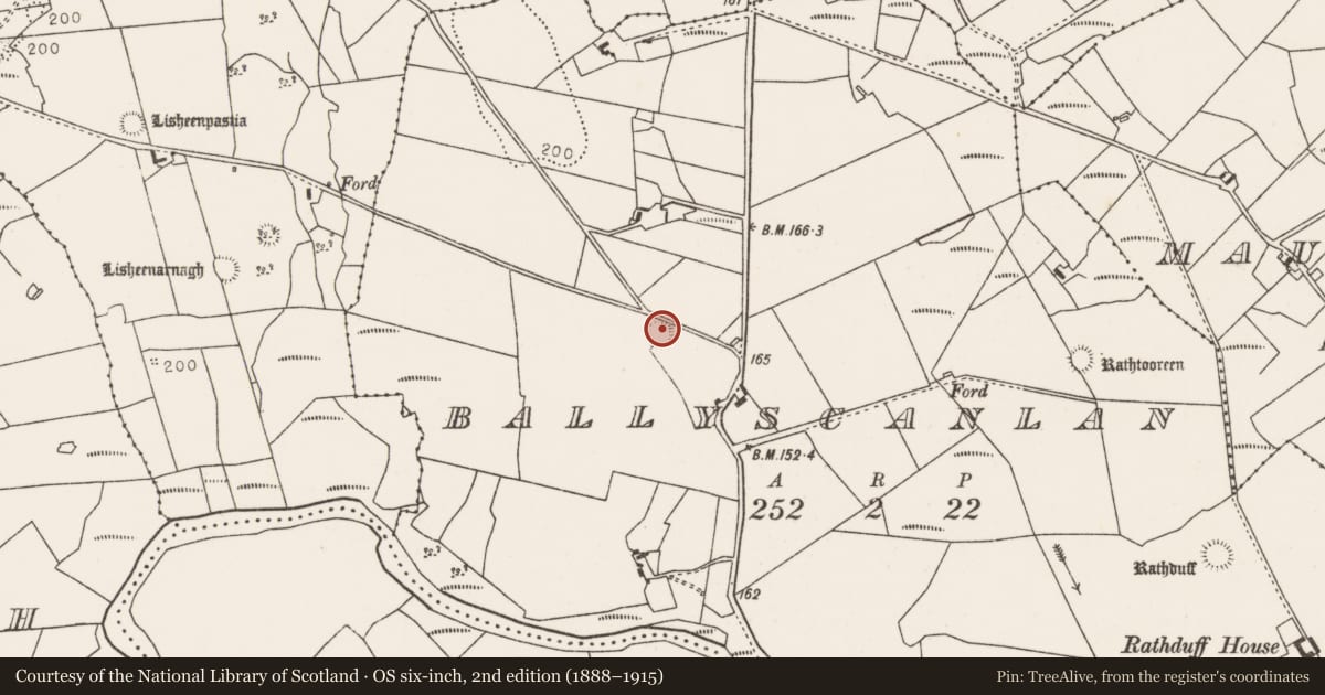 Ordnance Survey six-inch map, 2nd edition (1888–1915) covering the location of Ringfort - rath, Ballyscanlan, County Mayo, with a pin at the register's coordinates