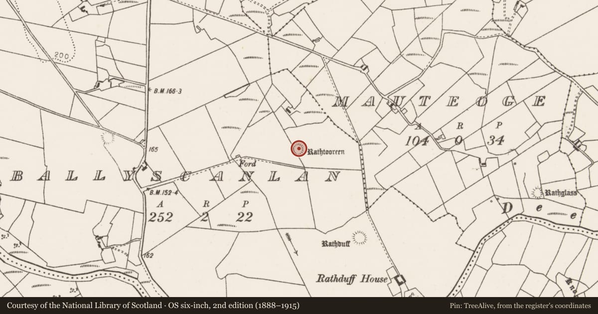 Ordnance Survey six-inch map, 2nd edition (1888–1915) covering the location of Ringfort - rath, Ballyscanlan, County Mayo, with a pin at the register's coordinates