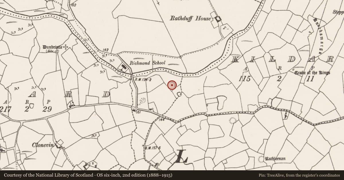 Ordnance Survey six-inch map, 2nd edition (1888–1915) covering the location of Ringfort - rath, Rathmacostello, County Mayo, with a pin at the register's coordinates