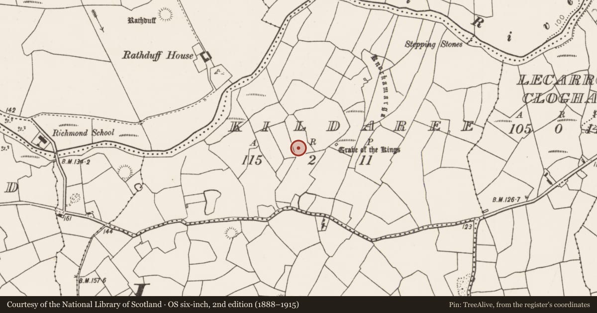 Ordnance Survey six-inch map, 2nd edition (1888–1915) covering the location of Burial mound, Kildaree, County Mayo, with a pin at the register's coordinates