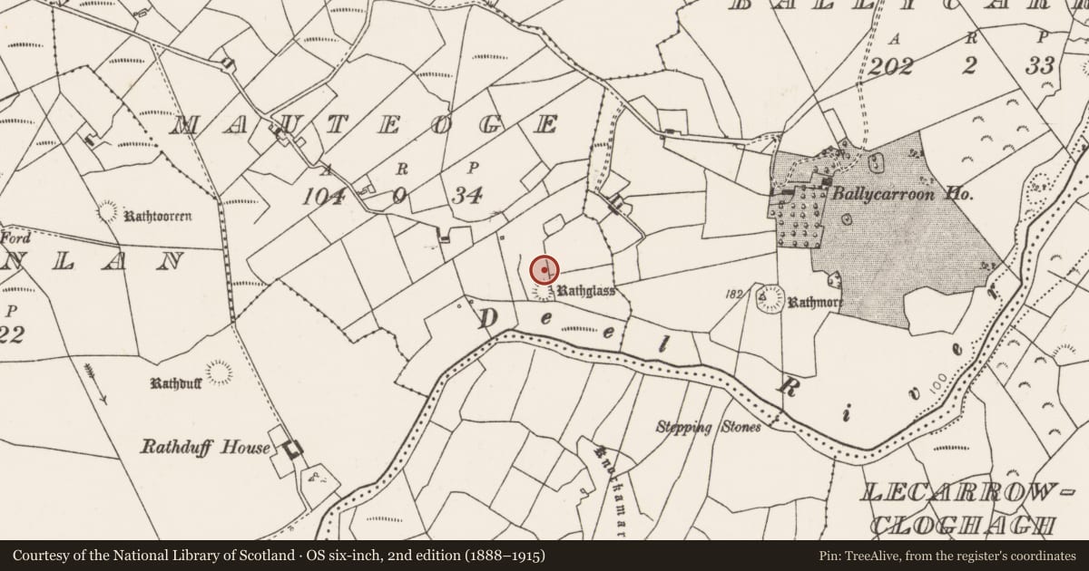 Ordnance Survey six-inch map, 2nd edition (1888–1915) covering the location of Structure, Mauteoge, County Mayo, with a pin at the register's coordinates