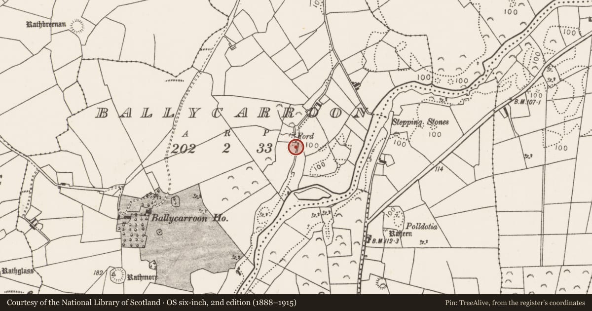 Ordnance Survey six-inch map, 2nd edition (1888–1915) covering the location of Enclosure, Ballycarroon, County Mayo, with a pin at the register's coordinates