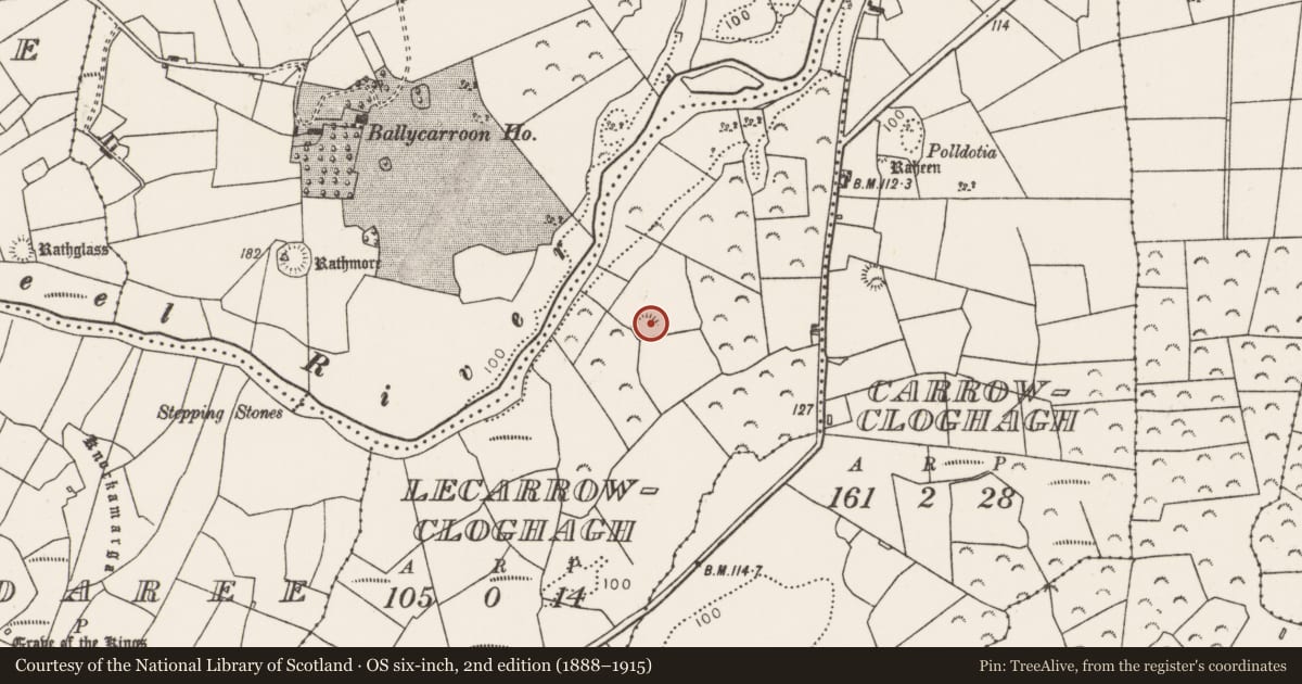Ordnance Survey six-inch map, 2nd edition (1888–1915) covering the location of Ringfort - rath, Lecarrowcloghagh, County Mayo, with a pin at the register's coordinates
