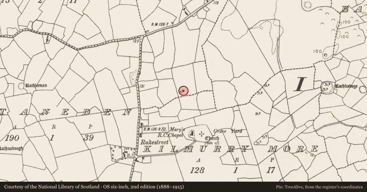 Ordnance Survey six-inch map, 2nd edition (1888–1915) covering the location of Ringfort - rath, Lecarrowcloghagh, County Mayo, with a pin at the register's coordinates