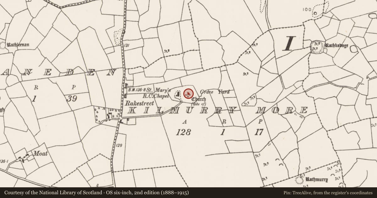 Ordnance Survey six-inch map, 2nd edition (1888–1915) covering the location of Church, Kilmurry More, County Mayo, with a pin at the register's coordinates
