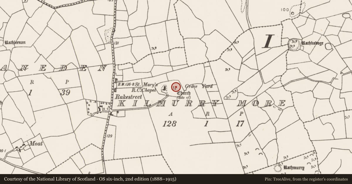 Ordnance Survey six-inch map, 2nd edition (1888–1915) covering the location of Graveyard, Kilmurry More, County Mayo, with a pin at the register's coordinates