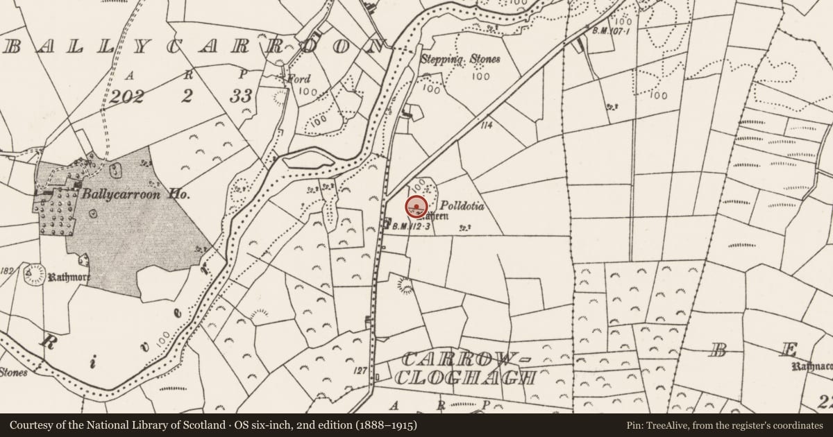 Ordnance Survey six-inch map, 2nd edition (1888–1915) covering the location of Barrow - mound barrow, Carrowcloghagh, County Mayo, with a pin at the register's coordinates