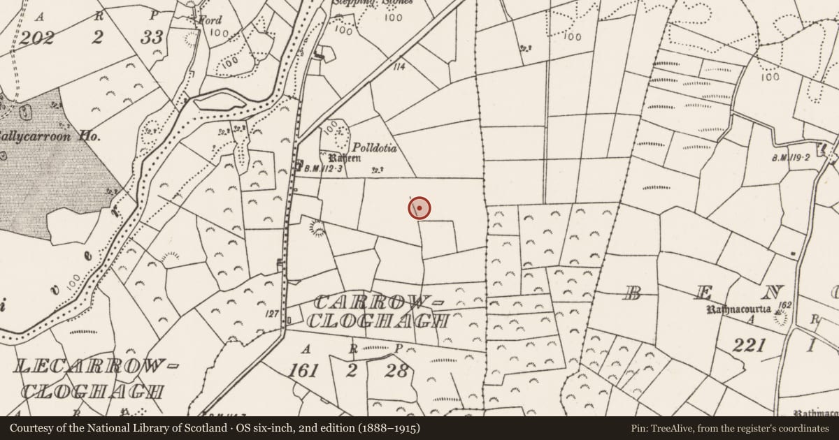 Ordnance Survey six-inch map, 2nd edition (1888–1915) covering the location of Barrow - ring-barrow, Carrowcloghagh, County Mayo, with a pin at the register's coordinates