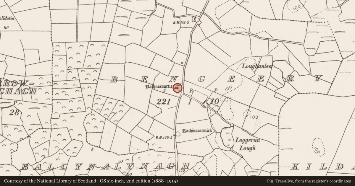 Ordnance Survey six-inch map, 2nd edition (1888–1915) covering the location of Ringfort - rath, Bengeery, County Mayo, with a pin at the register's coordinates