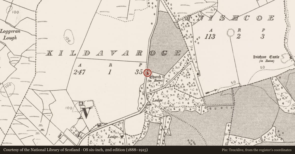 Ordnance Survey six-inch map, 2nd edition (1888–1915) covering the location of Church, Kildavaroge, County Mayo, with a pin at the register's coordinates