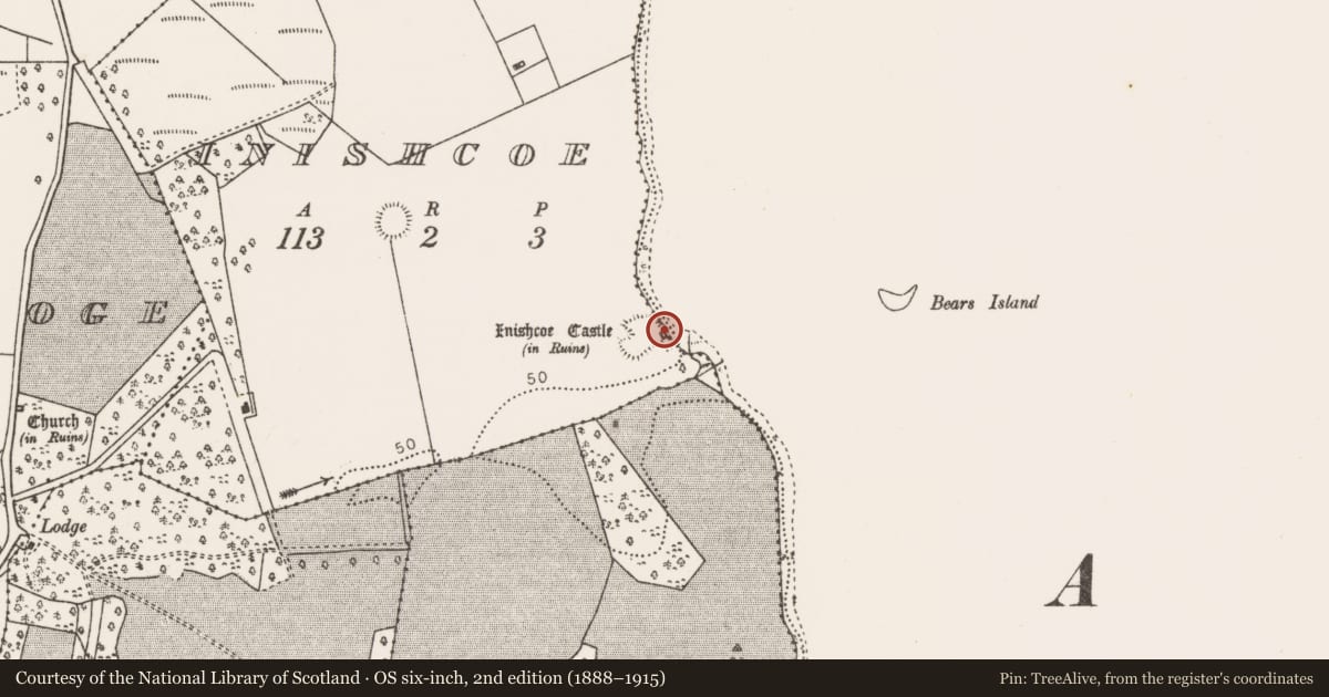 Ordnance Survey six-inch map, 2nd edition (1888–1915) covering the location of Castle - unclassified, Inishcoe, County Mayo, with a pin at the register's coordinates