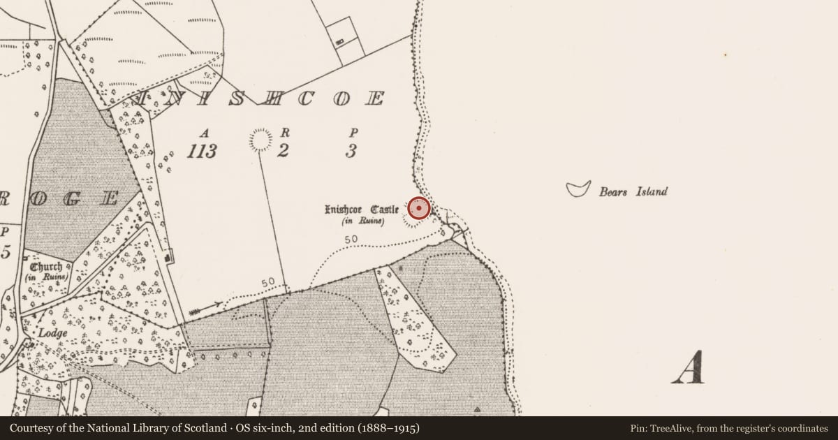 Ordnance Survey six-inch map, 2nd edition (1888–1915) covering the location of Earthwork, Inishcoe, County Mayo, with a pin at the register's coordinates