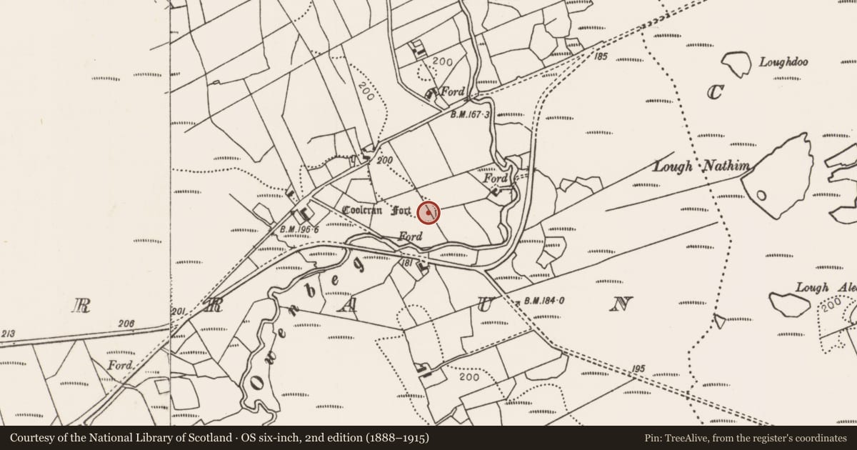 Ordnance Survey six-inch map, 2nd edition (1888–1915) covering the location of Ringfort - rath, Killacorraun, County Mayo, with a pin at the register's coordinates