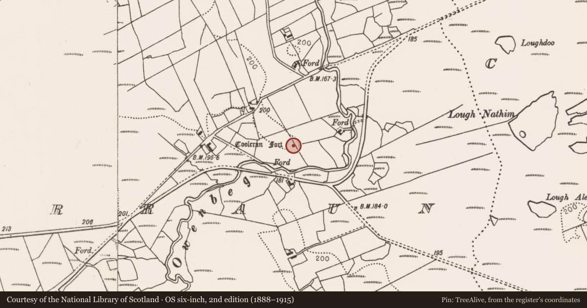 Ordnance Survey six-inch map, 2nd edition (1888–1915) covering the location of Souterrain, Killacorraun, County Mayo, with a pin at the register's coordinates