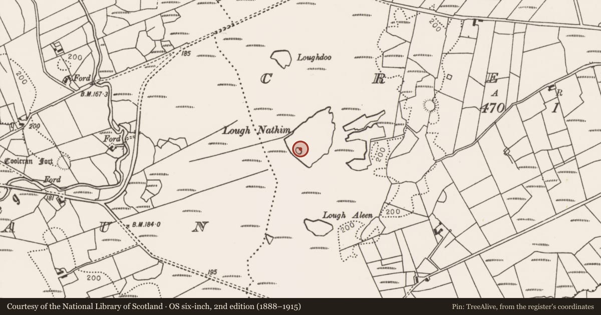 Ordnance Survey six-inch map, 2nd edition (1888–1915) covering the location of Crannog, Creevy, County Mayo, with a pin at the register's coordinates