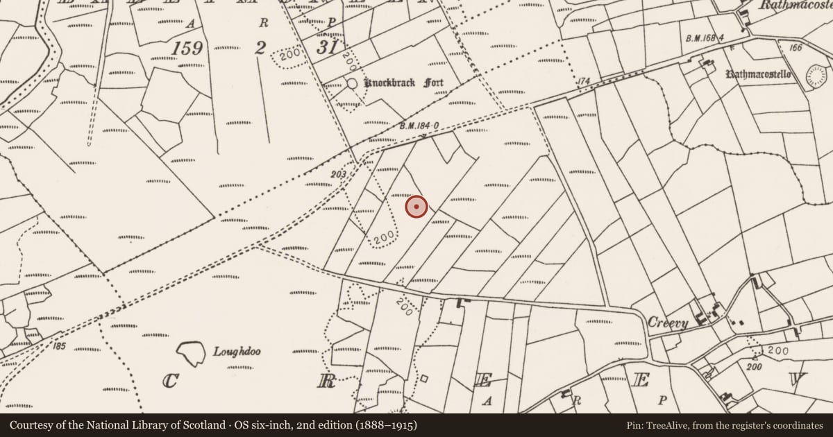 Ordnance Survey six-inch map, 2nd edition (1888–1915) covering the location of Enclosure, Creevy, County Mayo, with a pin at the register's coordinates