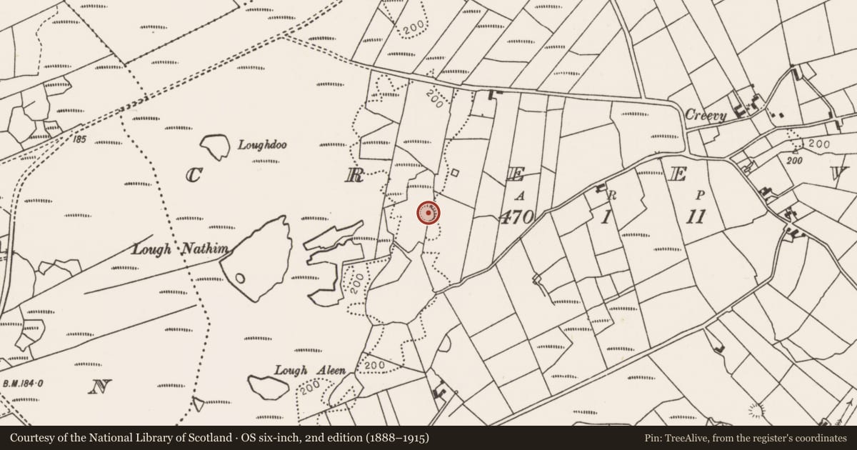 Ordnance Survey six-inch map, 2nd edition (1888–1915) covering the location of Ringfort - rath, Creevy, County Mayo, with a pin at the register's coordinates