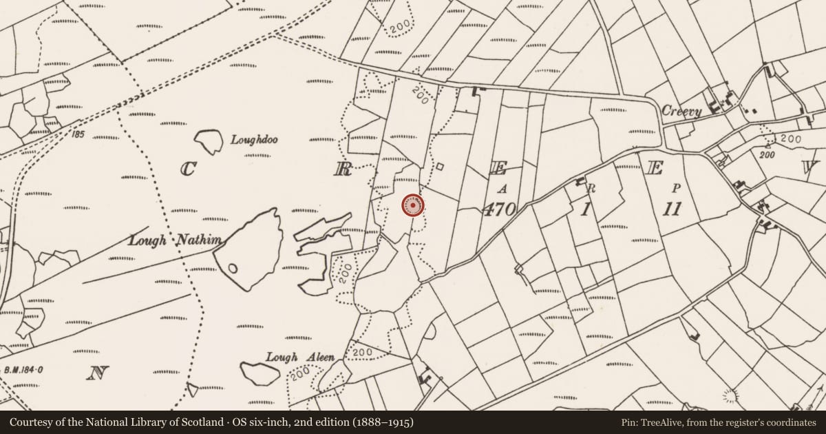 Ordnance Survey six-inch map, 2nd edition (1888–1915) covering the location of Souterrain, Creevy, County Mayo, with a pin at the register's coordinates