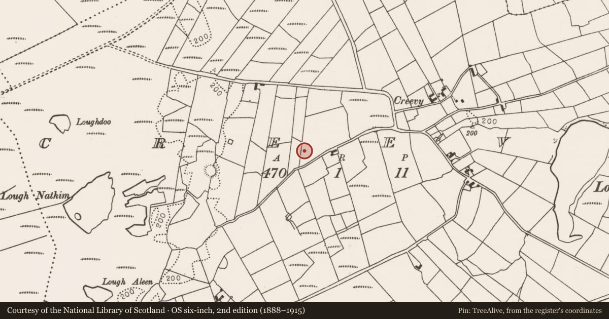 Ordnance Survey six-inch map, 2nd edition (1888–1915) covering the location of Enclosure, Creevy, County Mayo, with a pin at the register's coordinates