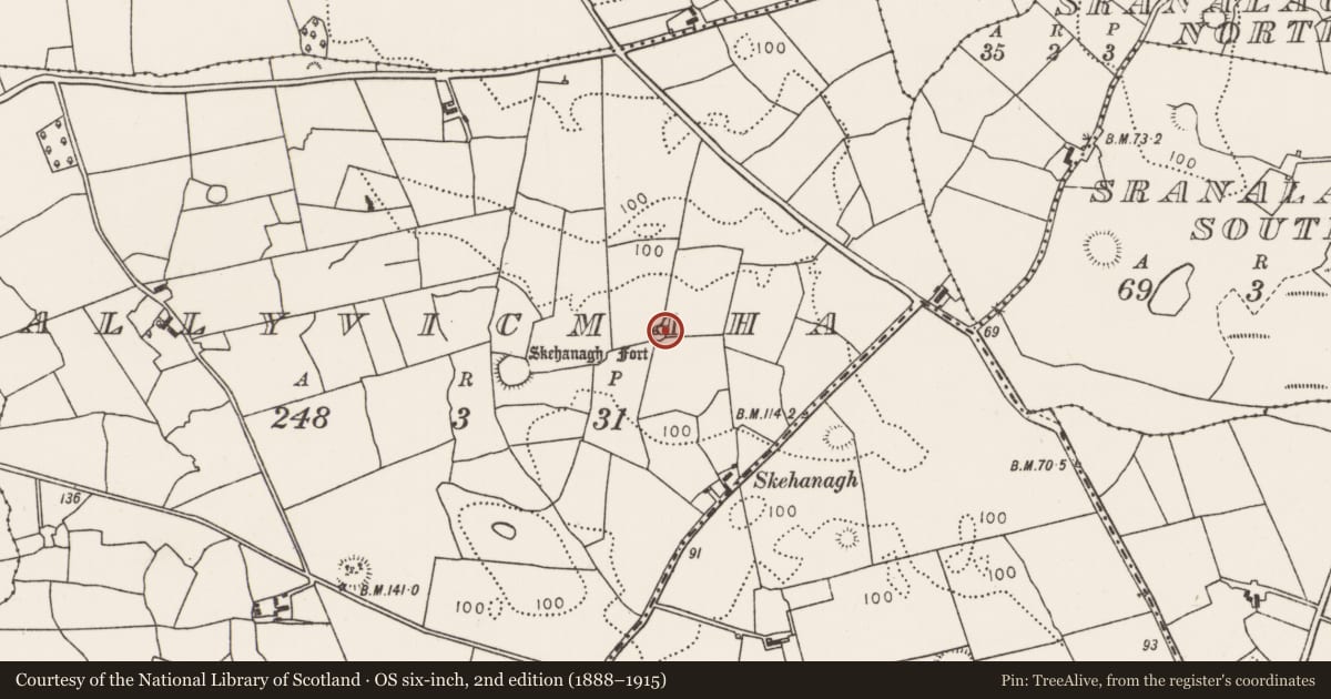 Ordnance Survey six-inch map, 2nd edition (1888–1915) covering the location of Enclosure, Ballyvicmaha, County Mayo, with a pin at the register's coordinates