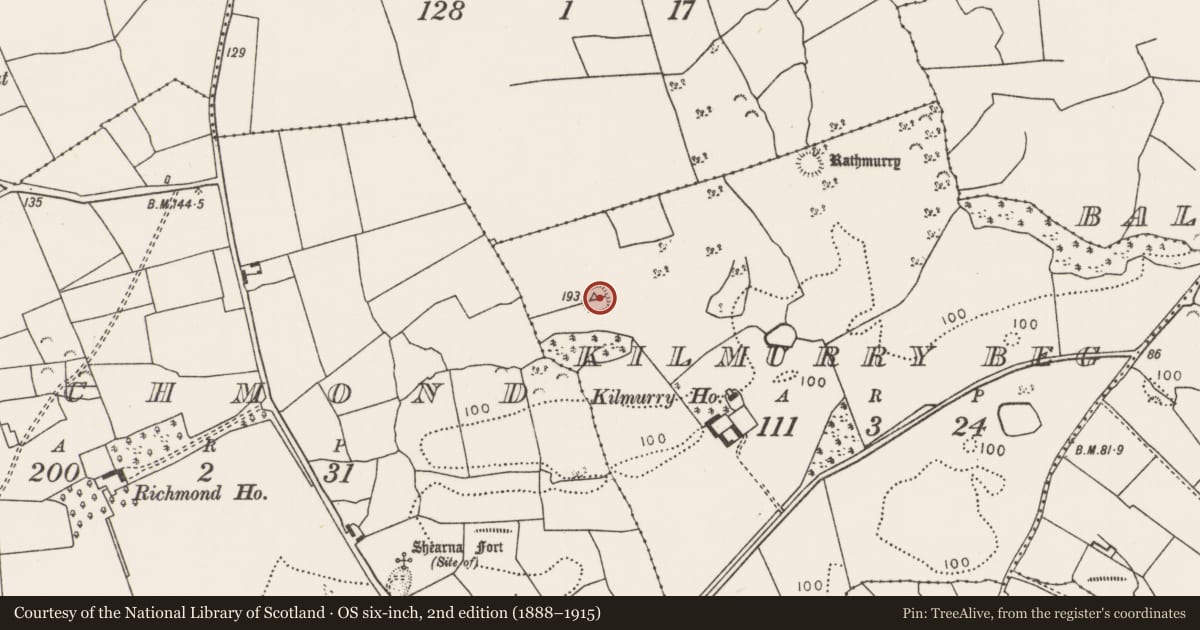 Ordnance Survey six-inch map, 2nd edition (1888–1915) covering the location of Ringfort - rath, Kilmurry Beg, County Mayo, with a pin at the register's coordinates