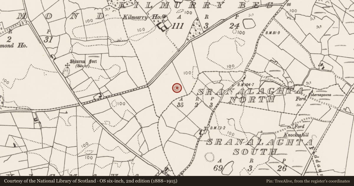 Ordnance Survey six-inch map, 2nd edition (1888–1915) covering the location of Barrow - ring-barrow, Kilmurry Beg, County Mayo, with a pin at the register's coordinates