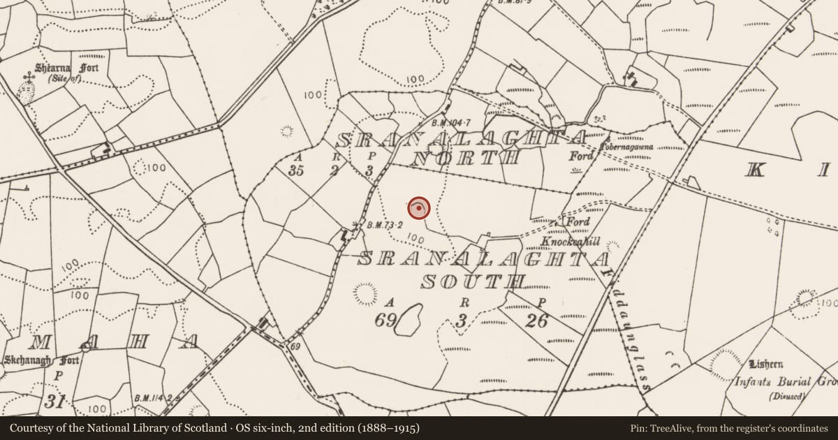 Ordnance Survey six-inch map, 2nd edition (1888–1915) covering the location of Enclosure, Sranalaghta South, County Mayo, with a pin at the register's coordinates