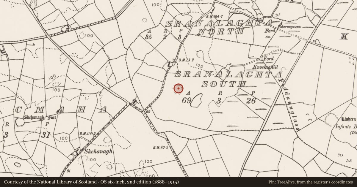 Ordnance Survey six-inch map, 2nd edition (1888–1915) covering the location of Enclosure, Sranalaghta South, County Mayo, with a pin at the register's coordinates