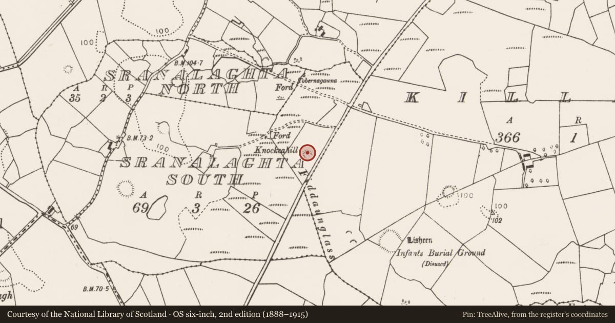 Ordnance Survey six-inch map, 2nd edition (1888–1915) covering the location of Enclosure, Sranalaghta South, County Mayo, with a pin at the register's coordinates