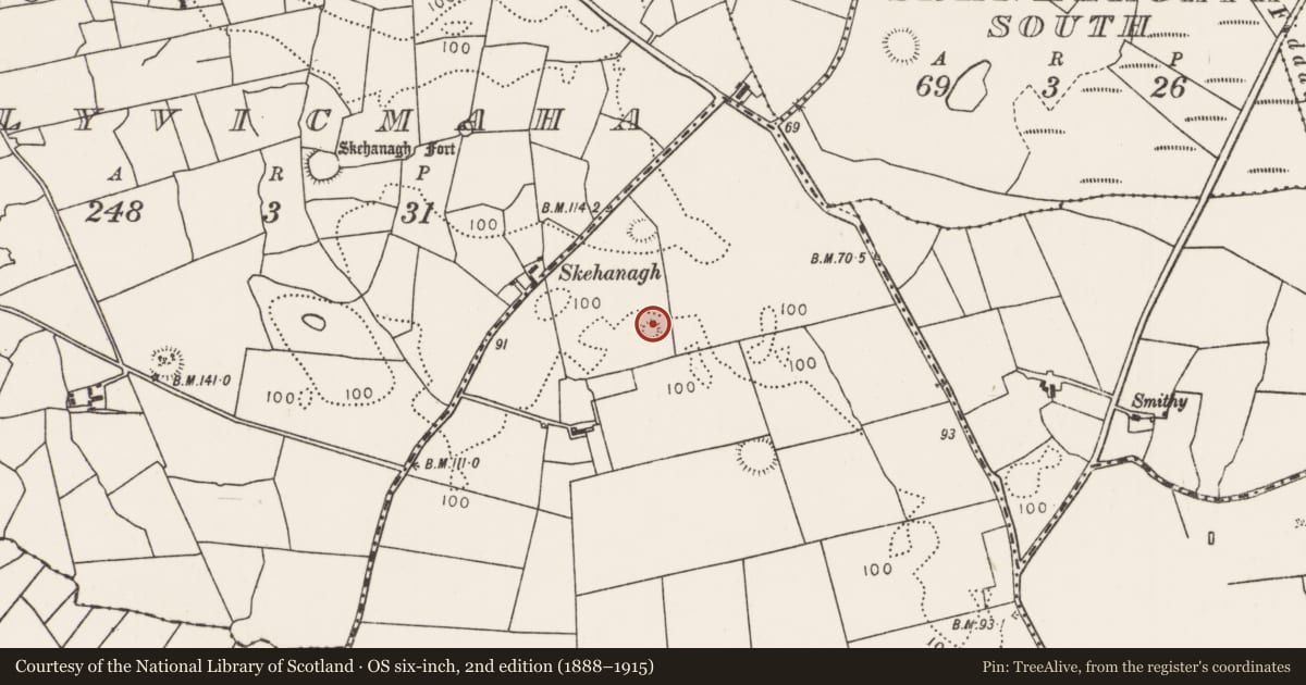 Ordnance Survey six-inch map, 2nd edition (1888–1915) covering the location of Enclosure, Dervin, County Mayo, with a pin at the register's coordinates