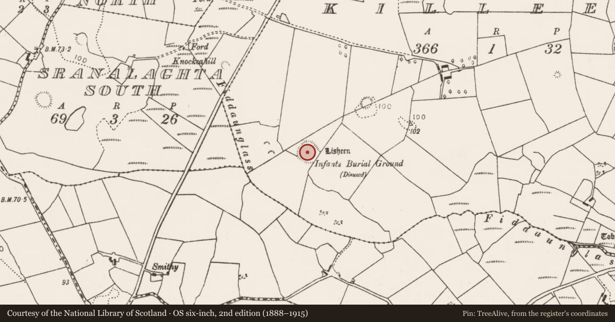 Ordnance Survey six-inch map, 2nd edition (1888–1915) covering the location of Ringfort - rath, Killeen (Tirawley By., Crossmolina Par.), County Mayo, with a pin at the register's coordinates