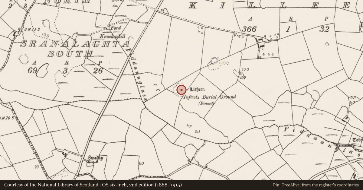 Ordnance Survey six-inch map, 2nd edition (1888–1915) covering the location of Children's burial ground, Killeen (Tirawley By., Crossmolina Par.), County Mayo, with a pin at the register's coordinates