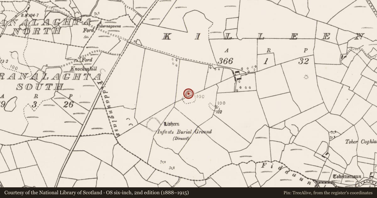 Ordnance Survey six-inch map, 2nd edition (1888–1915) covering the location of Enclosure, Killeen (Tirawley By., Crossmolina Par.), County Mayo, with a pin at the register's coordinates