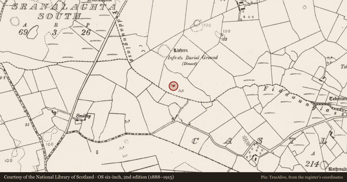Ordnance Survey six-inch map, 2nd edition (1888–1915) covering the location of Ringfort - rath, Killeen (Tirawley By., Crossmolina Par.), County Mayo, with a pin at the register's coordinates
