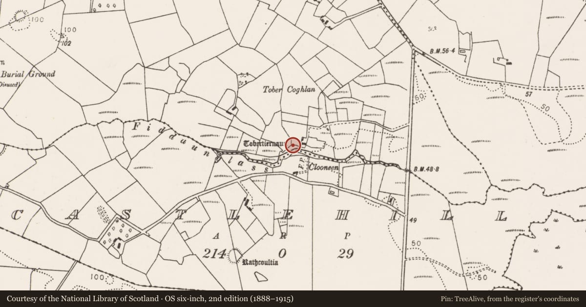 Ordnance Survey six-inch map, 2nd edition (1888–1915) covering the location of Ritual site - holy well, Killeen (Tirawley By., Crossmolina Par.), County Mayo, with a pin at the register's coordinates