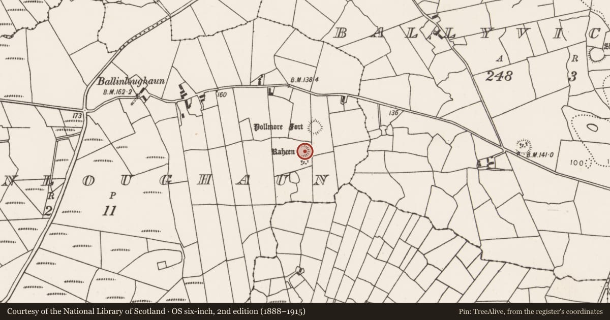 Ordnance Survey six-inch map, 2nd edition (1888–1915) covering the location of Ringfort - rath, Ballinloughaun, County Mayo, with a pin at the register's coordinates