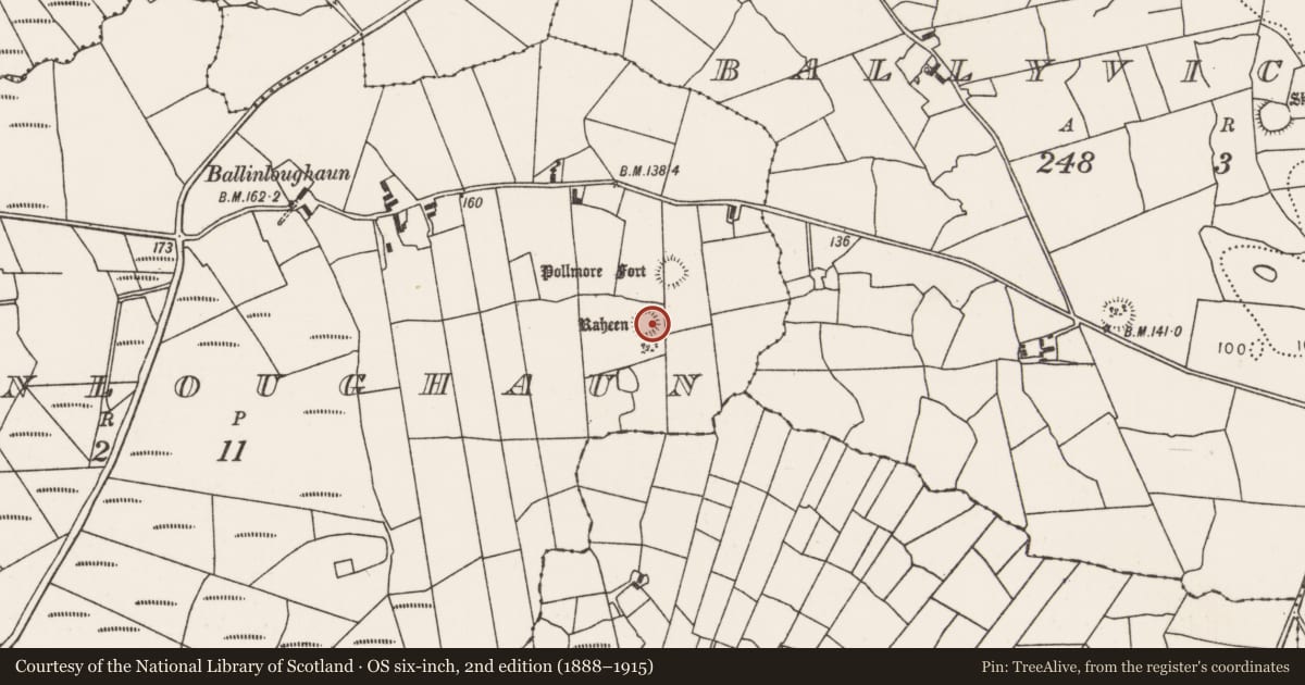 Ordnance Survey six-inch map, 2nd edition (1888–1915) covering the location of Children's burial ground, Ballinloughaun, County Mayo, with a pin at the register's coordinates
