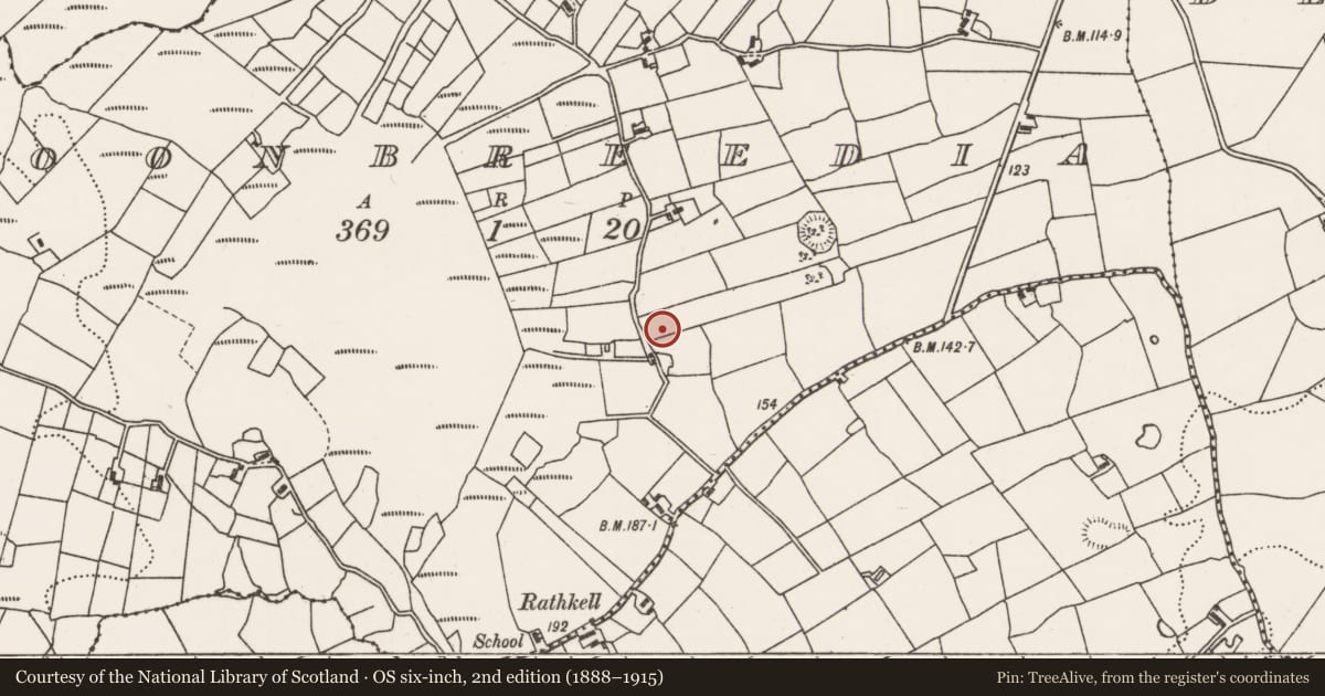 Ordnance Survey six-inch map, 2nd edition (1888–1915) covering the location of Enclosure, Doonbreedia, County Mayo, with a pin at the register's coordinates