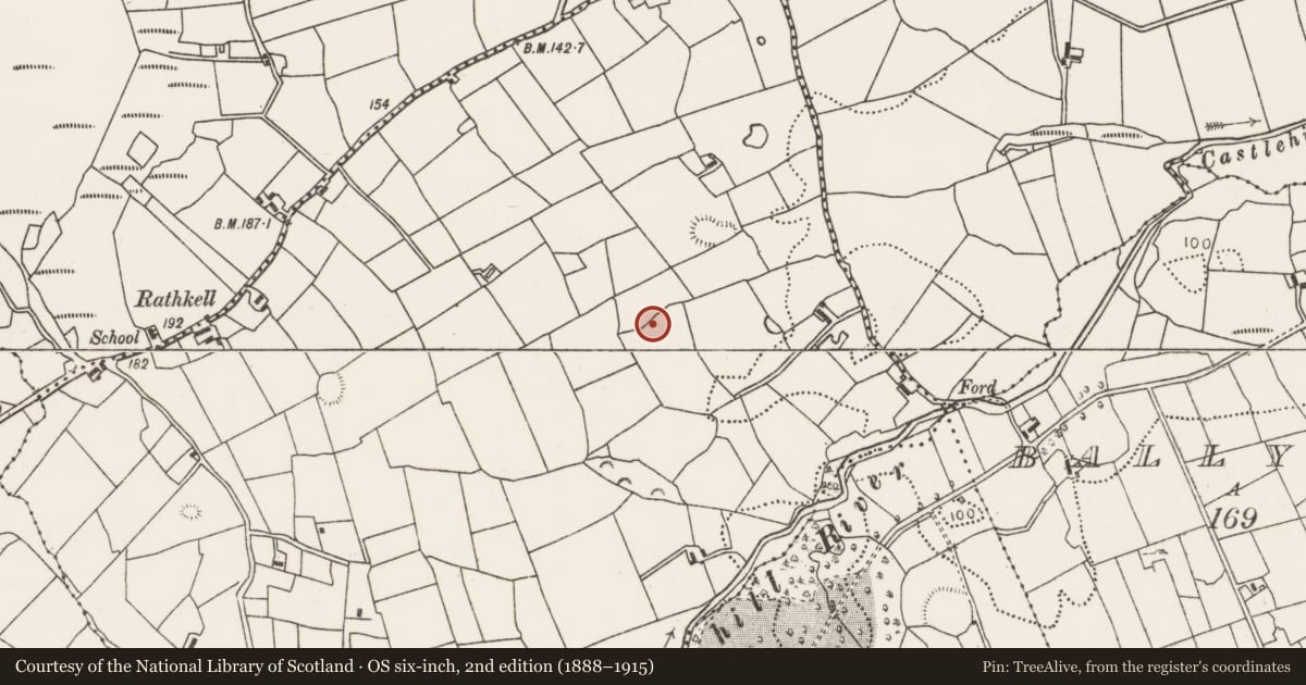 Ordnance Survey six-inch map, 2nd edition (1888–1915) covering the location of Enclosure, Ballymoyock, County Mayo, with a pin at the register's coordinates