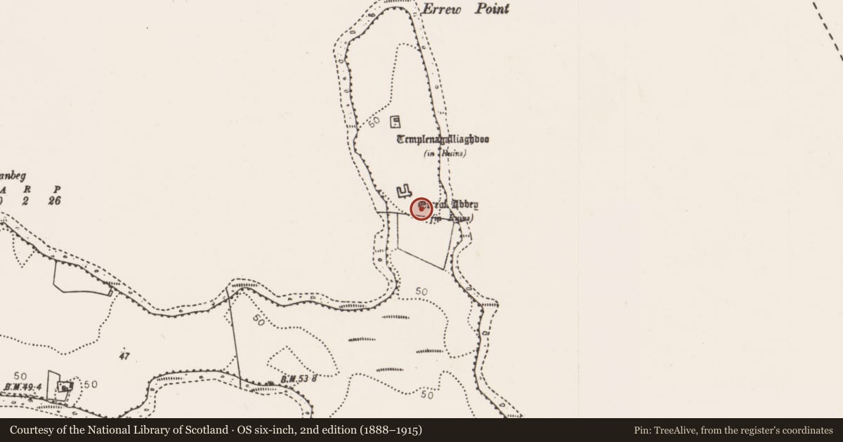 Ordnance Survey six-inch map, 2nd edition (1888–1915) covering the location of Ritual site - holy well, Errew, County Mayo, with a pin at the register's coordinates