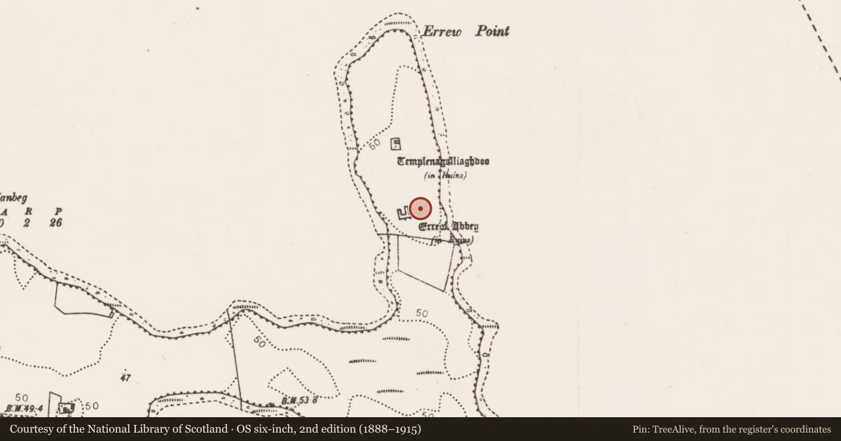 Ordnance Survey six-inch map, 2nd edition (1888–1915) covering the location of Earthwork, Errew, County Mayo, with a pin at the register's coordinates
