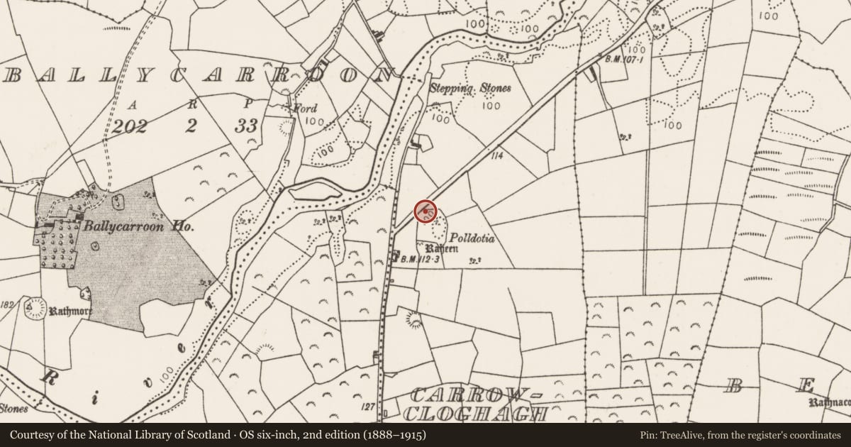 Ordnance Survey six-inch map, 2nd edition (1888–1915) covering the location of Barrow - mound barrow, Carrowcloghagh, County Mayo, with a pin at the register's coordinates