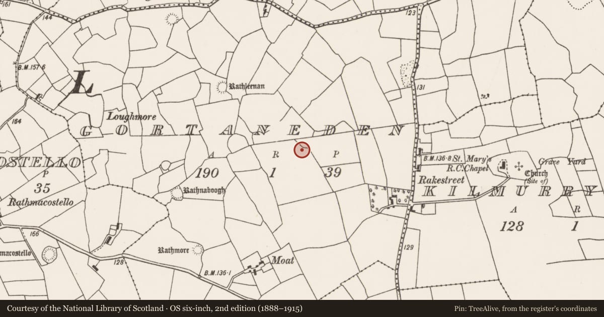 Ordnance Survey six-inch map, 2nd edition (1888–1915) covering the location of Mound, Gortaneden, County Mayo, with a pin at the register's coordinates