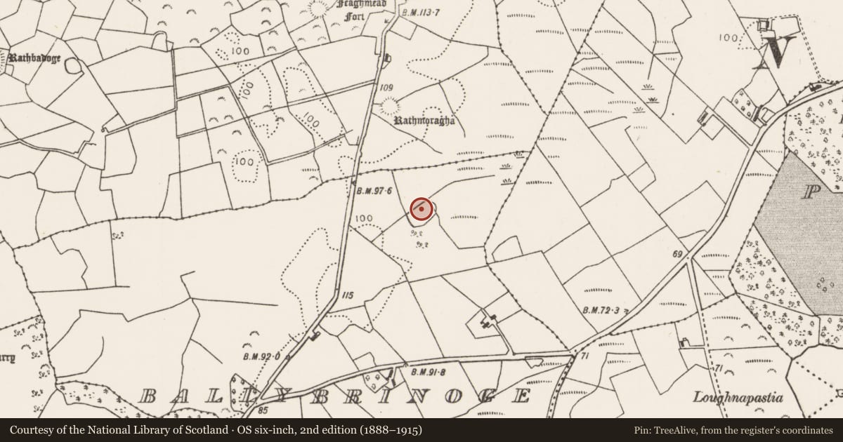 Ordnance Survey six-inch map, 2nd edition (1888–1915) covering the location of Enclosure, Ballybrinoge, County Mayo, with a pin at the register's coordinates