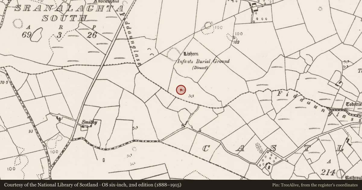 Ordnance Survey six-inch map, 2nd edition (1888–1915) covering the location of Souterrain, Killeen (Tirawley By., Crossmolina Par.), County Mayo, with a pin at the register's coordinates