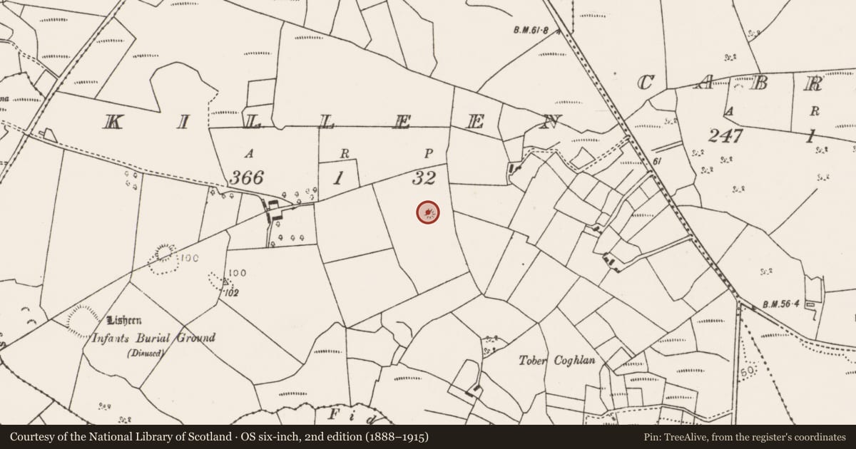 Ordnance Survey six-inch map, 2nd edition (1888–1915) covering the location of Mound, Killeen (Tirawley By., Crossmolina Par.), County Mayo, with a pin at the register's coordinates