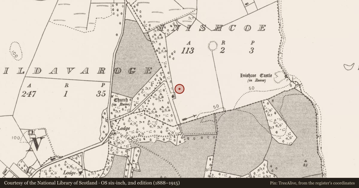 Ordnance Survey six-inch map, 2nd edition (1888–1915) covering the location of Enclosure, Inishcoe, County Mayo, with a pin at the register's coordinates