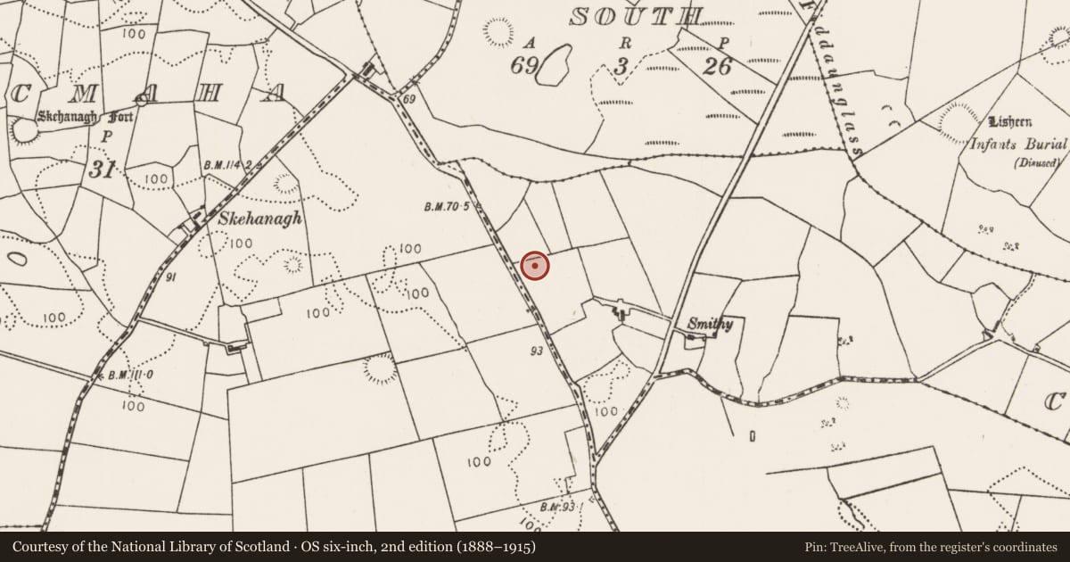Ordnance Survey six-inch map, 2nd edition (1888–1915) covering the location of Enclosure, Castlehill (Tirawley By., Crossmolina. Par.), County Mayo, with a pin at the register's coordinates