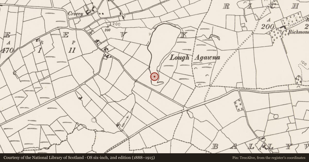 Ordnance Survey six-inch map, 2nd edition (1888–1915) covering the location of Crannog, Creevy, County Mayo, with a pin at the register's coordinates